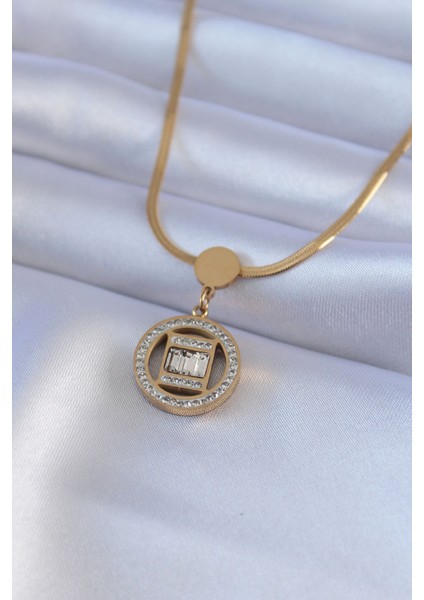 316L Çelik Gold Renk Italyan Zincir Model Zirkon Taşlı Madalyon Model Kadın Kolye