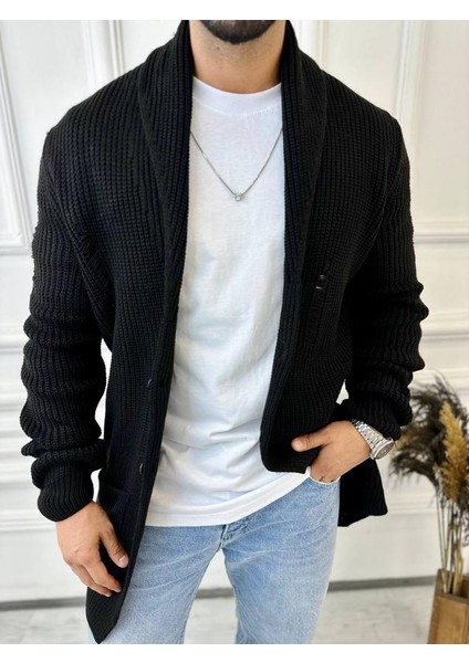 Hırka Örgülü Şal Yaka Cepli Lazer Kesim Yırtık Detaylı Tüylenmez Örgü Triko Hırka