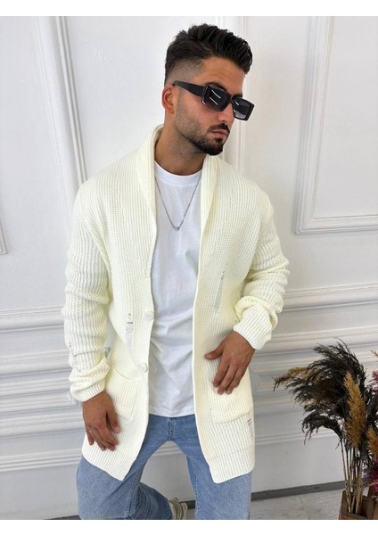 Hırka Örgülü Şal Yaka Cepli Lazer Kesim Yırtık Detaylı Tüylenmez Örgü Triko Hırka