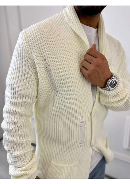 Hırka Örgülü Şal Yaka Cepli Lazer Kesim Yırtık Detaylı Tüylenmez Örgü Triko Hırka modelleri