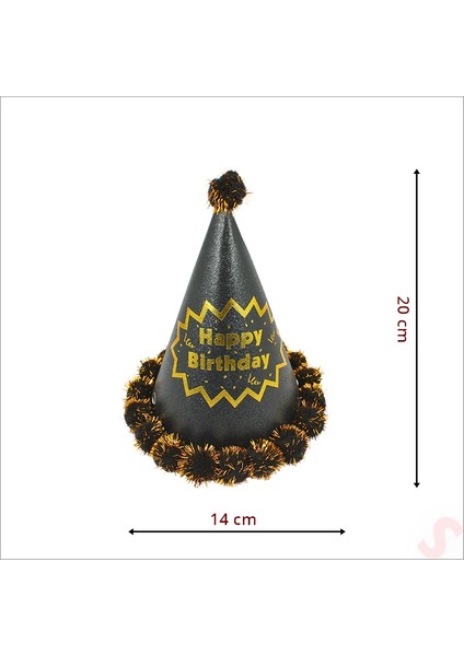 Ponponlu Happy Birthday Şapka, 20CM x 1 Adet - Siyah
