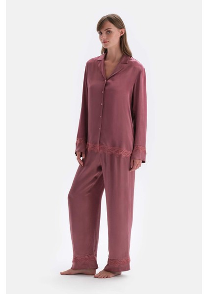 Gül Kurusu Dantel Detaylı Dokuma Pantolon modelleri