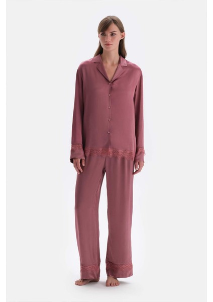 Gül Kurusu Dantel Detaylı Dokuma Pantolon indirimleri