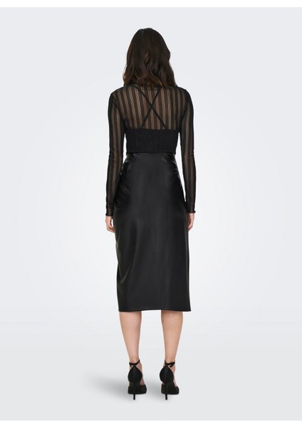 Normal Bel Siyah Kadın Düz Midi Etek Onlmıa Faux Leather Long Skırt Otw modelleri