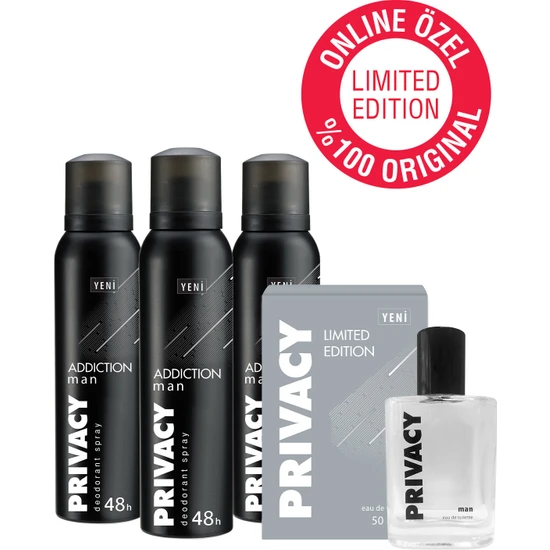 Privacy Men Limited Edition Edt Parfüm 50 ml Online Özel ve Addiction Men Deodorant 3X150 ml