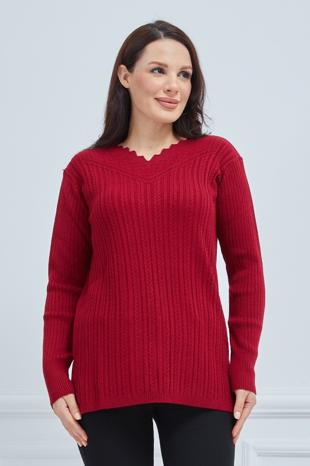 Fresh Moda Kadın Kırmızı Triko Esnek V Yaka Kışlık Anne Kazak görsel 2