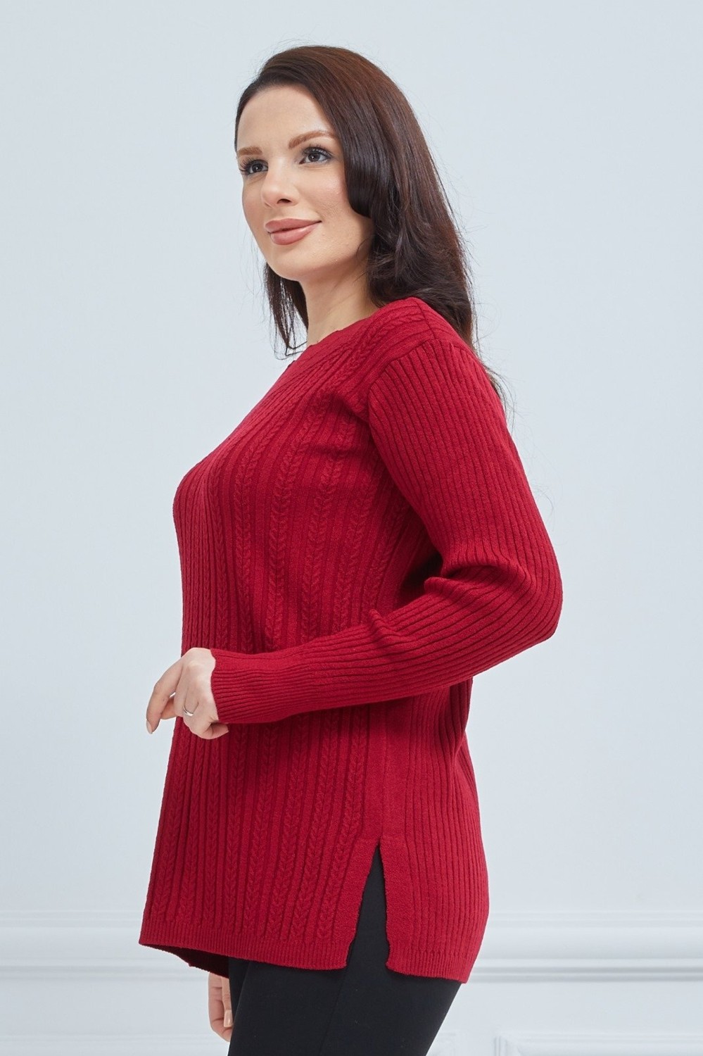 Fresh Moda Kadın Kırmızı Triko Esnek V Yaka Kışlık Anne Kazak görsel 4