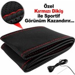 Fox Deri Direksiyon Kılıfı Sarmalı Dikmeli Kırmızı Dikişli Kokusuz