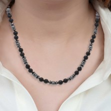 Tesbihname Makrome Örgülü Oniks-Akik-Hematit Kombinli Doğaltaş Kadın Kolye