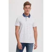Lee Cooper Matty Erkek Denim Yaka Çizgili T-Shirt Beyaz