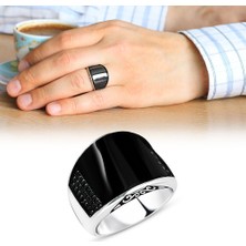 Gül Endam Zirkon Taş Işlemeli Siyah Bombeli Oniks Taşlı 925 Ayar Gümüş Erkek Yüzük