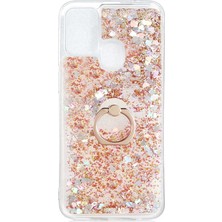 noktaks - Samsung Galaxy M21 - Kılıf Yüzüklü Simli Sıvılı Milce Kapak - Gold