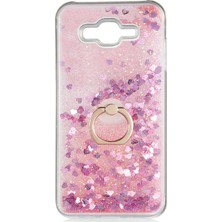 noktaks - Samsung Galaxy J7 - Kılıf Yüzüklü Simli Sıvılı Milce Kapak - Pembe - T14319