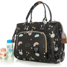 Lal Baby Baggage Bag Tavşan Desenli Siyah Omuz Askılı Anne Bebek Bakım Çantası