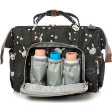 Lal Baby Baggage Bag Tavşan Desenli Siyah Omuz Askılı Anne Bebek Bakım Çantası