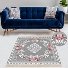 Bona Fortuna Gül Desenli Çerçeveli Dijital Baskı Yıkanabilir Kaymaz Taban Vintage Salon Halısı ve Yolluk (Gri)