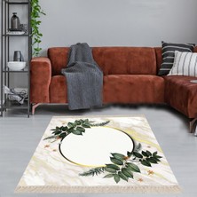 Bona Fortuna Mermer Desenli Yapraklı Dijital Baskı Yıkanabilir Kaymaz Taban Modern Salon Halısı ve Yolluk