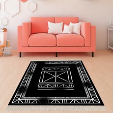 Bona Fortuna Osmanlı Motifler Desenli Etnik Dijital Baskı Yıkanabilir Kaymaz Taban Salon Halı ve Yolluk (Siyah)
