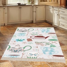 Bona Fortuna Çaydanlık Fincan Desenli Dijital Baskılı Kaymaz Taban Yıkanabilir Leke Tutmaz Mutfak Halısı