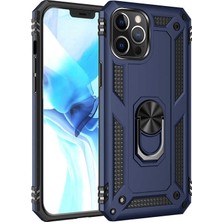 Case Street Apple iPhone 12 Pro Kılıf Tank Koruma Vega Standlı Yüzüklü Mıknatıslı + Nano Glass Lacivert