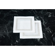 Caka Home  6'li Kokteyl Peçetesi Kare Nakışlı Keten Efektli Krem Sim