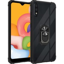 Caseart Samsung Galaxy M01 Kapak Şeffaf Yüzüklü Kenar Korumalı Standlı Kılıf - Siyah