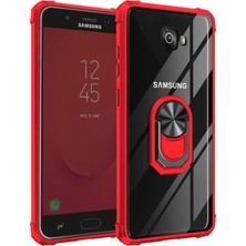 Caseart Samsung Galaxy J7 Core Kapak Şeffaf Yüzüklü Kenar Korumalı Standlı Kılıf - Kırmızı