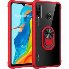 Caseart Huawei P 30 Lite Kapak Şeffaf Yüzüklü Kenar Korumalı Standlı Kılıf - Kırmızı