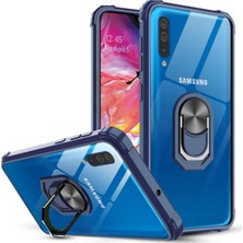 Caseart Samsung Galaxy A70 Kapak Şeffaf Yüzüklü Kenar Korumalı Standlı Kılıf - Lacivert