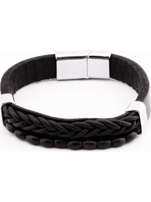 Tesbihname Hasır Tasarım Kuka Işlemeli Siyah Çelik-Deri Kombinli Erkek Bileklik