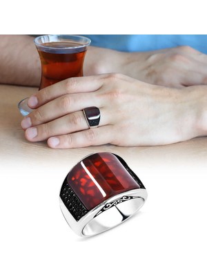 Tesbihname Zirkon Taş İşlemeli Bombeli Akik Taşlı 925 Ayar Gümüş Erkek Yüzük