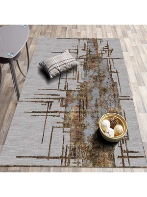 Henge Gri Kırçıllı Zemin Karışık Gold Çizgi Desenli Baskılı Kilim