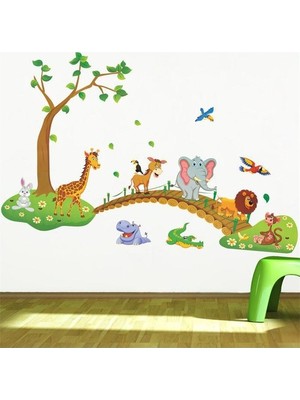 Kt Decoration Çocuk Bebek Odası Dekorasyonu Duvar Dekoru Ağaç Köprü ve Hayvanlar Pvc Duvar Sticker