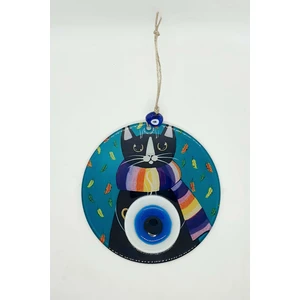 Atkılı Kara Kedi Figürlü Füzyon Cam Nazarlık Duvar Süsü