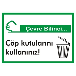 İzmir Serifgari Çevre Bilinci / Çöp Kutularını Kullanınız Galvaniz Uyarı Levhası 17,5 x 25 cm