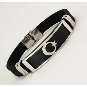 Osmanlı Gümüş Ayyıldız Bayraklı Kauçuk Çelik Erkek Bileklik