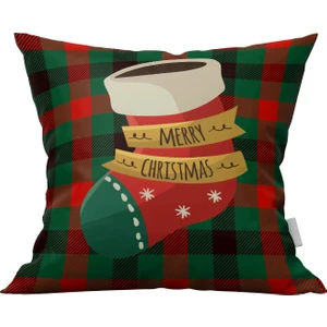 Marte Home Yılbaşı Ekose Zeminde Tek Taraflı Baskı Noel Çorabı Kırlent Kılıfı