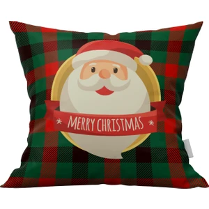 Marte Home Yılbaşı Ekose Zeminde Tek Taraflı Baskı Noel Baba Kırlent Kılıfı