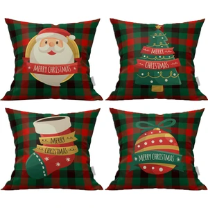 Marte Home Yılbaşı Ekose Zeminde Tek Taraflı Baskı Noel Konsept 4'lü Kırlent Kılıfı Set