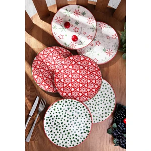 Kitchen Life Kütahya Seramik 21 cm Pasta Tabağı Seti 6 Parça Kar Tanesi Yıldız Desenli Kırmızı Yeşil