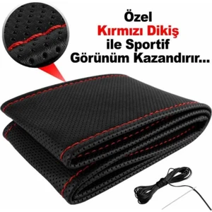 Deri Direksiyon Kılıfı Sarmalı Dikmeli Kırmızı Dikişli Kokusuz