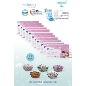 Melantis Medikal Meltblownlu 3 Katlı Telli Cerrahi Maske Kız Çocuk 10 Kutu-Mega = 500 Adet Renkli