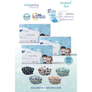 Melantis Medikal  Meltblownlu 3 Katlı Telli Cerrahi Maske Erkek Çocuk 3 Kutu = 150 Adet Renkli