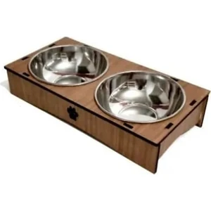 Woody Life Ahşap Sehpalı İkili Çelik Mama Kabı Kedi Köpek Devrilmez Mama Kabı