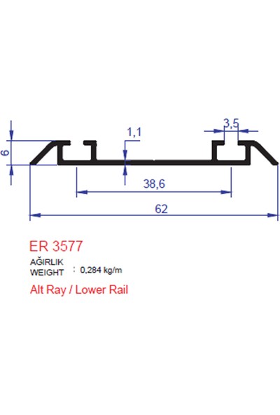 Ersaş Sürme Kapak Alt Ray Profili ER 3577 Mat Eloksal 3 METRE