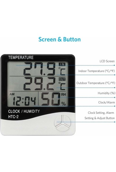 Wozlo Htc 2 Dijital Ekranlı Termometre Isı Nem Sıcaklık Ölçer Htc-2