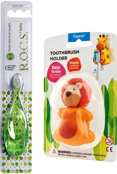 Rocs 0-3 Yaş Diş Fırçası + Flipper Hijyenik Saklama Kabı Seti - Aslan Figürlü