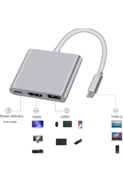 Arabulalaca Multiport 4K Type-C To 3 Portlu HDMI - USB - Type-C Çevirici Adaptör Macbook Aparat A1707/A1990