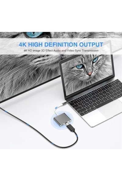 Arabulalaca Multiport 4K Type-C To 3 Portlu HDMI - USB - Type-C Çevirici Adaptör Macbook Aparat A1707/A1990