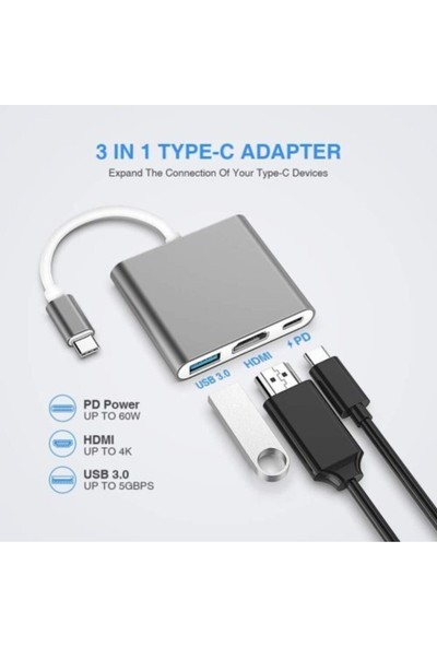 Arabulalaca Multiport 4K Type-C To 3 Portlu HDMI - USB - Type-C Çevirici Adaptör Macbook Aparat A2251